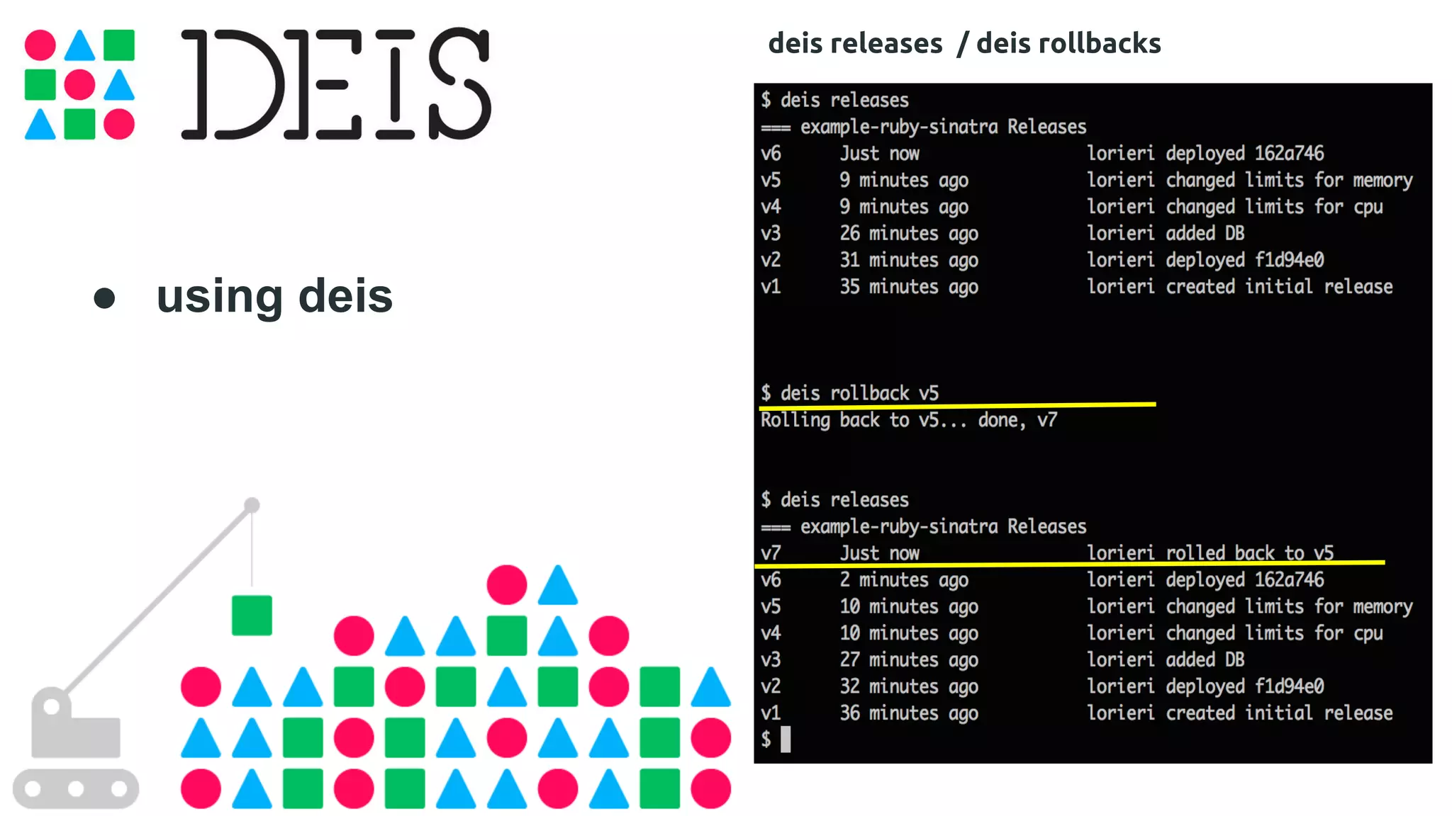 ● using deis 
deis releases / deis rollbacks 
 
