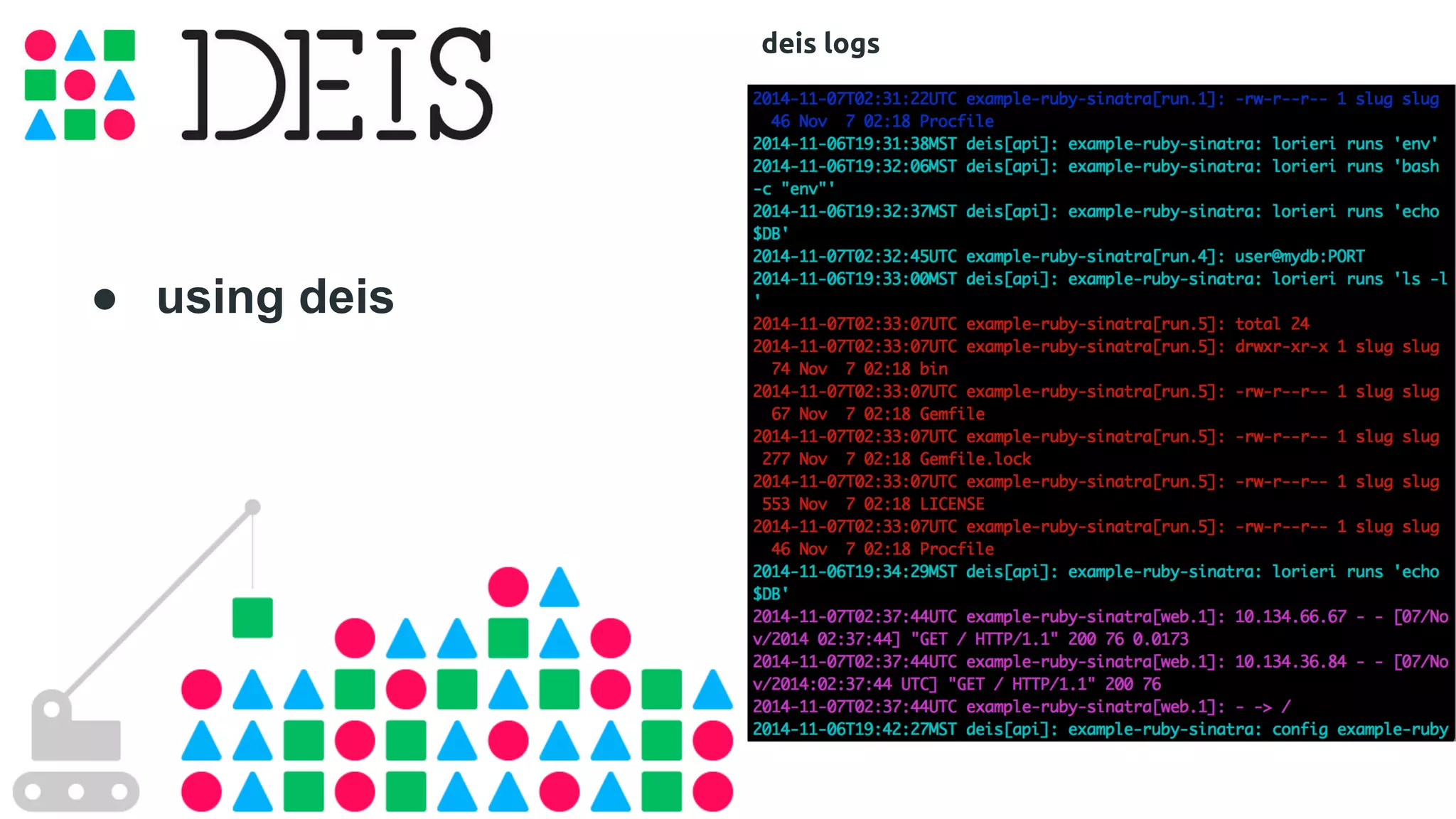 ● using deis 
deis logs 
 