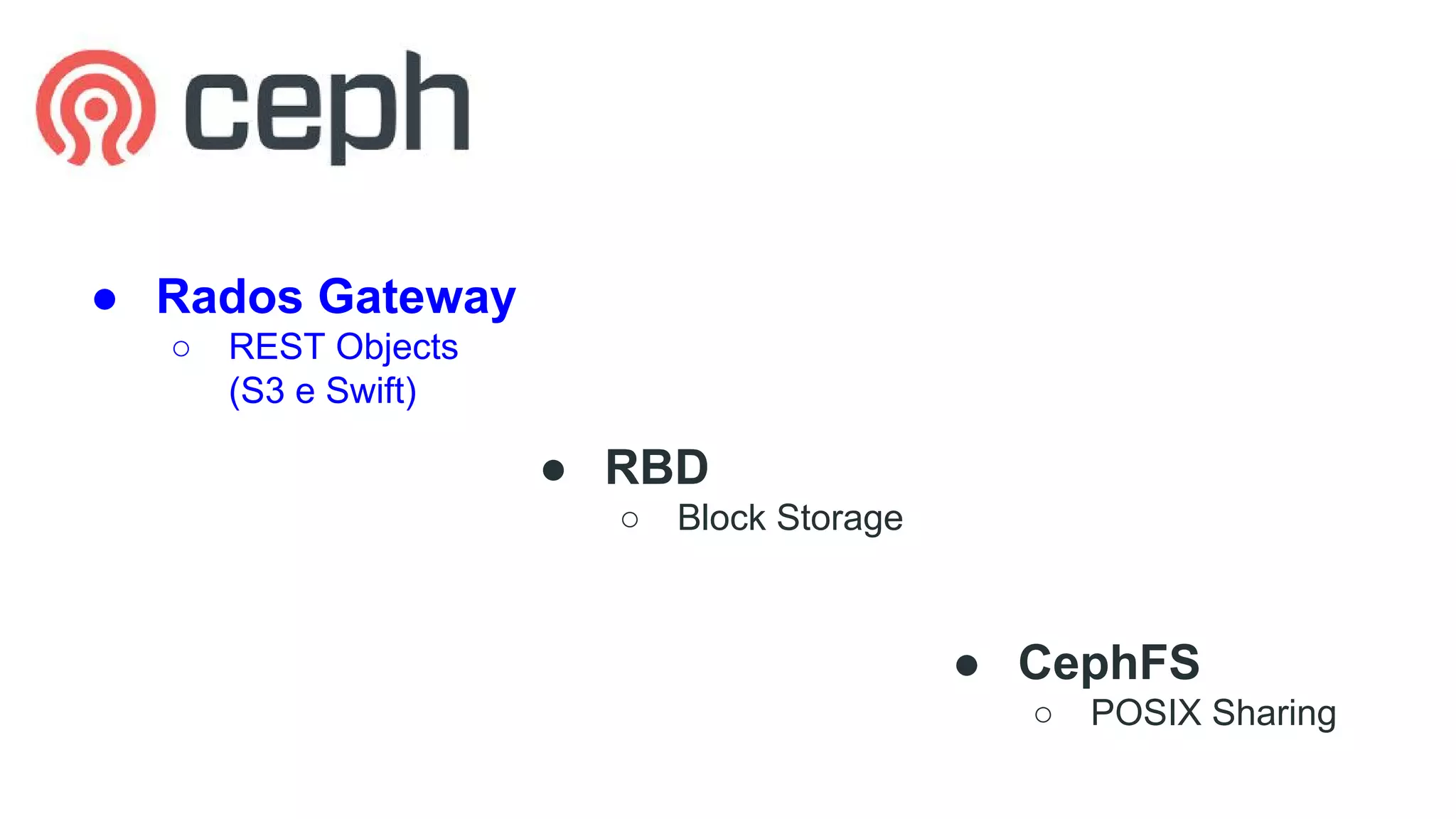 ● Rados Gateway 
○ REST Objects 
(S3 e Swift) 
● RBD 
○ Block Storage 
● CephFS 
○ POSIX Sharing 
 