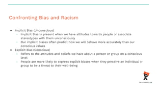 Confronting Bias and Racism
● Implicit Bias (Unconscious)
○ Implicit Bias is present when we have attitudes towards people or associate
stereotypes with them unconsciously
○ Our implicit biases often predict how we will behave more accurately than our
conscious values
● Explicit Bias (Conscious)
○ Refers to the attitudes and beliefs we have about a person or group on a conscious
level
○ People are more likely to express explicit biases when they perceive an individual or
group to be a threat to their well-being
 