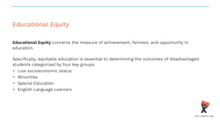 Educational Equity
Educational Equity concerns the measure of achievement, fairness, and opportunity in
education.
Speciﬁcally, equitable education is essential to determining the outcomes of disadvantaged
students categorized by four key groups:
• Low socioeconomic status
• Minorities
• Special Education
• English Language Learners
 