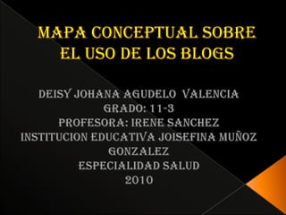 Mapa conceptual sobre el uso de los blogs DEISY JOHANA AGUDELO VALENCIA Grado: 11-3 Profesora: IRENE SANCHEZ INSTITUCION EDUCATIVA JOISEFINA MUÑOZ GONZALEZ ESPECIALIDAD SALUD 2010 