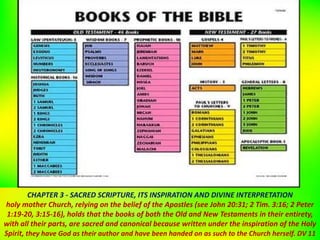CHAPTER 3 - SACRED SCRIPTURE, ITS INSPIRATION AND DIVINE INTERPRETATION
holy mother Church, relying on the belief of the Apostles (see John 20:31; 2 Tim. 3:16; 2 Peter
1:19-20, 3:15-16), holds that the books of both the Old and New Testaments in their entirety,
with all their parts, are sacred and canonical because written under the inspiration of the Holy
Spirit, they have God as their author and have been handed on as such to the Church herself. DV 11
 