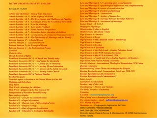 LIST OF PRESENTATIONS IN ENGLISH
Revised 29-10-2020
Advent and Christmas – time of hope and peace
Amoris Laetitia – ch 1 – In the Light of the Word
Amoris Laetitia – ch 2 – The Experiences and Challenges of Families
Amoris Laetitia – ch 3 - Looking to Jesus, the Vocation of the Family
Amoris Laetitia – ch 4 - Love in Marriage
Amoris Laetitia – ch 5 – Love made Fruitfuol
Amoris Laetitia – ch 6 – Some Pastoral Perspectives
Amoris Laetitia – ch 7 – Towards a better education of children
Amoris Laetitia – ch 8 – Accompanying, discerning and integrating weaknwss
Amoris Laetitia – ch 9 – The Spirituality of Marriage and the Family
Beloved Amazon 1ª – A Social Dream
Beloved Amazon 2 - A Cultural Dream
Beloved Amazon 3 – An Ecological Dream
Beloved Amazon 4 - An Ecclesiastical Dream
Carnival
Christ is Alive
Diwali, Festival of lights
Familiaris Consortio (FC) 1 – Church and Family today
Familiaris Consortio (FC) 2 - God’s plan for the family
Familiaris Consortio (FC) 3 – 1 – family as a Community
Familiaris Consortio (FC) 3 – 2 – serving life and education
Familiaris Consortio (FC) 3 – 3 – mission of the family in society
Familiaris Consortio (FC) 3 – 4 - Family in the Church
Familiaris Consortio (FC) 4 Pastoral familiar
Football in Spain
Haurietis aquas – devotion to the Sacred Heart by Pius XII
Holidays and Holy Days
Holy Spirit
Holy Week – drawings for children
Holy Week – glmjpses of the last hours of JC
Inauguration of President Donald Trump
Juno explores Jupiter
Laudato si 1 – care for the common home
Laudato si 2 – Gospel of creation
Laudato si 3 – Human roots of the ecological crisis
Laudato si 4 – integral ecology
Laudato si 5 – lines of approach and action
Laudato si 6 – Education y Ecological Spirituality
Love and Marriage 1 + 2 – growing up to sexual maturity
Love and Marriage 3 – psychological differences and complimentarity
Love and Marriage 4- causes of sexual attraction
Love and Marriage 5- freedom and intimacy
Love and Marriage 6 - human love
Love and Marriage 7 - destiny of human love
Love and Marriage 8- marriage between Christian believers
Love and Marriage 9 – sacrament of marriage
Lumen Fidei – ch 1,2,3,4
Medjugore Pilgrimage
Misericordiae Vultus in English
Mother Teresa of Calcuta – Saint
Pope Francis in America
Pope Francis in Egypt
Pope Francis in the European Union – Strasbourg
Pope Francis in Japan
Pope Francis in Sweden
Pope Franciss in Thailand
Pope Francis in the Holy Land – Jordan, Palestine, Israel
Pope Francis in the WYD Cologne, Germany
Pope Francis in the WYD in Poland, 2016
Pope Francis – Fratelli tutti Encyclical in English – All brothers
Pope Saitn John Paul in Poland, Auschwitz
Priestly Ministry – International Theological Commission 1970 Vatica
Querida Amazonia
Resurrection of Jesus Christ –according to the Gospels
Russian Revolution and Communismo 3 civil war 1918.1921
Russian Revolution and Communism 1
Russian Revolution and Communismo 2
Saint Joseph
Saint Patrick and Ireland
Sunday – day of the Lord
Thanksgiving – History and Customs
The Body, the cult – (Eucharist)
Valentine
Vocation – mconnor@legionaries.org
Way of the Cross – drawings for children
For commentaries – email – mflynn@legionaries.org
Fb – Martin M Flynn
Donations to - Congregación Legionarios de Cristo
IBAN: ES3700491749852910000635
Swift Code (BIC): BSCHESMMXXX
Dirección banco: Plaza de Parma, 8, Montequinto. CP 41700 Dos Hermanas,
Sevilla. España.
 