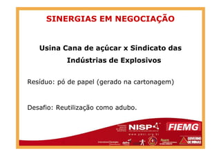 SINERGIAS EM NEGOCIAÇÃO
Usina Cana de açúcar x Sindicato das
Indústrias de Explosivos
Resíduo: pó de papel (gerado na cartonagem)Resíduo: pó de papel (gerado na cartonagem)
Desafio: Reutilização como adubo.
 