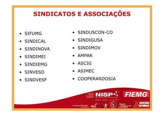 SINDICATOS E ASSOCIAÇÕES
• SIFUMG
• SINDICAL
• SINDINOVA
• SINDIMEI
• SINDUSCON-CO
• SINDIGUSA
• SINDIMOV
• AMPAR• SINDIMEI
• SINDIEMG
• SINVESD
• SINDVESF
• ASCIG
• ASIMEC
• COOPERARDOSIA
 