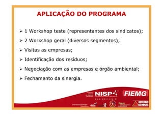 APLICAÇÃO DO PROGRAMA
1 Workshop teste (representantes dos sindicatos);
2 Workshop geral (diversos segmentos);
Visitas as empresas;
Identificação dos resíduos;Identificação dos resíduos;
Negociação com as empresas e órgão ambiental;
Fechamento da sinergia.
 