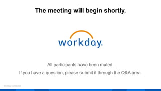 All participants have been muted.
If you have a question, please submit it through the Q&A area.
The meeting will begin shortly.
Workday Confidential
 