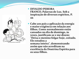 DIVALDO PEREIRA
 FRANCO, Palavras de Luz, Sob a
 inspiração de diversos espíritos, P.
 44.

 Cabe aos pais a aplicação da energia
 e maior exigência em relação aos
 filhos. Como normalmente estão
 cansados no dia de domingo, às
 vezes, justificam-se e me dizem:
 "Deixa o menino folgar hoje, coitado.
 Ele estudou a
 semana inteira", demonstrando
 assim que não acreditam na
 excelência da Doutrina Espírita para
 os seus filhos.
 