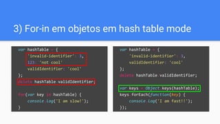 var hashTable = {
'invalid-identifier': 3,
validIdentifier: 'cool'
};
delete hashTable.validIdentifier;
var keys = Object.keys(hashTable);
keys.forEach(function(key) {
console.log('I am fast!!');
});
3) For-in em objetos em hash table mode
var hashTable = {
'invalid-identifier': 3,
123: 'not cool'
validIdentifier: 'cool'
};
delete hashTable.validIdentifier;
for(var key in hashTable) {
console.log('I am slow!');
}
 