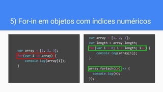var array = [1, 2, 3];
for(var i in array) {
console.log(array[i]);
}
5) For-in em objetos com índices numéricos
var array = [1, 2, 3];
var length = array.length;
for(var i = 0; i < length; i++) {
console.log(array[i]);
}
array.forEach((v) => {
console.log(v);
});
 