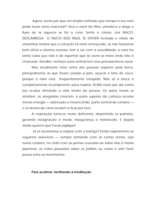 Agora, sentiu por que um simples resfriado que entope o seu nariz
pode trazer tanto mal-estar? Viva o nariz! Ele filtra, umedece e dirige o
fluxo de ar aquece se for o caso. Sente o cheiro, cria MUCO,
DESCARREGA O MUCO DOS SINUS, SE ESTIVER inchado e cheio de
veiazinhas mostra que o coração tá meio ameaçado, se não funcionar
bem afeta o sistema nervoso, tem a ver com a sexualidade, o nariz faz
tanta coisa que não é de espantar que às vezes se meta onde não é
chamado. Detalhe: nenhum outro animal tem essa protuberância nasal.
Mas atualmente nove entre dez pessoas respiram pela boca,
principalmente as que foram criadas a pão, açúcar e leite de vaca,
porque o nariz está freqüentemente entupido. Não só a boca é
completamente incompetente para respirar 18.000 vezes por dia como
isso acaba afetando a vida inteira da pessoa. Os dutos nasais se
atrofiam, as amígdalas crescem, a parte superior da cabeça recebe
menos energia — sobretudo o mesencéfalo, parte central do cérebro —
e os dentes de cima tendem a ficar pra fora.
A respiração torna-se muito deficiente, deprimindo os pulmões,
gerando estagnação e medo, insegurança e melancolia. E depois
ainda querem que Freud explique!
Já se acostumou a respirar com a barriga? Então experimente os
seguintes exercícios — sempre sentando com as costas eretas, seja
numa cadeira, no chão com as pernas cruzadas ou sobre elas à moda
japonesa, as mãos pousadas sobre os joelhos ou coxas e sem fazer
pausa entre os movimentos.
Para acalmar, facilitando a meditação
 