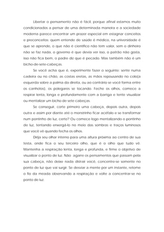 Libertar o pensamento não é fácil, porque afinal estamos muito
condicionados a pensar de uma determinada maneira e a sociedade
moderna parece encontrar um prazer especial em estagnar conceitos
e preconceitos: quem entende de saúde é médico, na universidade é
que se aprende, o que não é científico não tem valor, sem o dinheiro
não se faz nada, o governo é que devia ver isso, o patrão não gosta,
isso não fica bem, o padre diz que é pecado. Mas também não é um
bicho-de-sete-cabeças.
Se você acha que é, experimente fazer o seguinte: sente numa
cadeira ou no chão, as costas eretas, as mãos repousando no colo(a
esquerda sobre a palma da direita, ou ao contrário se você forma entre
os canhotos), os polegares se tocando. Feche os olhos, comece a
respirar lenta, longa e profundamente com a barriga e tente visualizar
ou mentalizar um bicho de sete cabeças.
Se conseguir, corte primeiro uma cabeça, depois outra, depois
outra e assim por diante até o monstrinho ficar acéfalo e se transformar
num pontinho de luz, certo? Ou comece logo mentalizando o pontinho
de luz, tentando enxergá-lo no meio das sombras e traços luminosos
que você vê quando fecha os olhos.
Dirija seu olhar interno para uma altura próxima ao centro de sua
testa, onde fica o seu terceiro olho, que é o olho que tudo vê.
Mantenha a respiração lenta, longa e profunda, e firme o objetivo de
visualizar o ponto de luz. Não agarre os pensamentos que passam pela
sua cabeça, não deixe nada distrair você, concentre-se somente no
ponto de luz que vai surgir. Se desviar a mente por um instante, retome
o fio da meada observando a respiração e volte a concentrar-se no
ponto de luz.
 
