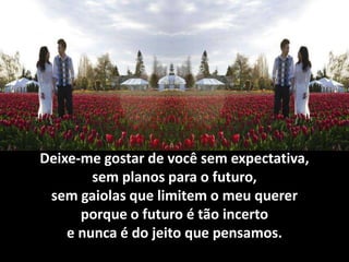 Deixe-me gostar de você sem expectativa,
        sem planos para o futuro,
 sem gaiolas que limitem o meu querer
      porque o futuro é tão incerto
    e nunca é do jeito que pensamos.
 