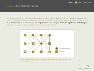 www/          e-mail   { Esc } sair

Deixem os Consumidores Falarem




Quando Godin concluiu seu livro, no ano de 2000, existiam apenas algumas centenas de blogs e o fenômeno das redes sociais
ainda era embrionário. Nesse novo cenário em que vivemos, o modelo que parece melhor espelhar a realidade é aquele no qual
os consumidores e as marcas são co-responsáveis pela criação da mídia e pela sua distribuição.
Dependendo da situação, cada um deles pode desempenhar um papel diferente.




                          C            C           C           C



                          C           M            C           M

                                                                          C Consumidores
                          M            C           M           C          M Marca


                    Figura 9: comunicação das marcas com os consumidores no marketing da era das
                    redes sociais.



                                                                                                                        35}
                                                                                                           {voltar / próxima}   39
 