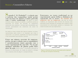 www/           e-mail   { Esc } sair

Deixem os Consumidores Falarem




S  egundo C. K. Prahalad (1) , a relação que
a maioria das companhias ainda possui
                                                                Entretanto, no teatro tradicional ou no
                                                                experimental, quem define a dinâmica do
com sua base de clientes é muito parecida                       espetáculo são os atores. No mundo dos
com o teatro tradicional. No palco, os atores                   negócios são as empresas. Elas são, em última
encenam a peça, enquanto, na platéia, a audiência assiste ao    instância, as responsáveis pela iniciativa do processo, pela
desenrolar do enredo. No mercado, as companhias                 definição do grau desejado de interação com o público e pelo
comunicam seus produtos e serviços para consumidores que        encerramento da comunicação quando os resultados não
assistem passivamente aos comerciais nos meios de               estão de acordo com suas expectativas.
comunicação.

Em ambos os casos, existem dois tipos de sujeitos: os ativos,
representados pelos atores e as empresas, que criam e
comunicam; e os passivos, espelhados nas figuras da platéia
e dos consumidores que assistem e opinam.

Existe um número crescente de empresas,
porém, em que a relação com os consumidores
é metaforicamente muito parecida com o
teatro experimental dos anos 60 e 70, em que
qualquer indivíduo da platéia podia fazer
parte da ação. Nestes casos, o consumidor participa do
processo de comunicação, da criação do produto e interage        Figura 2: Controle do fluxo de informação pelas empresas
com a empresa antes de adquirir a solução ofertada.              ao longo da evolução do marketing.

                                                                                                                            06}
                                                                                                             {voltar / próxima}   39
 