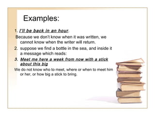 Examples:
1. I’ll be back in an hour .
Because we don’t know when it was written, we
cannot know when the writer will return.
2. suppose we find a bottle in the sea, and inside it
a message which reads:
3. Meet me here a week from now with a stick
about this big
We do not know who to meet, where or when to meet him
or her, or how big a stick to bring.

 