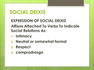 EXPRESSION OF SOCIAL DEIXIS
Affixes Attached To Verbs To Indicate
Social Relations As:
1. Intimacy
2. Neutral or somewhat formal
3. Respect
4. compradrazgo
SOCIAL DEIXIS
 