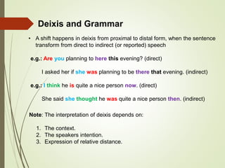 Deixis and Grammar
• A shift happens in deixis from proximal to distal form, when the sentence
transform from direct to indirect (or reported) speech
e.g.: Are you planning to here this evening? (direct)
I asked her if she was planning to be there that evening. (indirect)
e.g.: I think he is quite a nice person now. (direct)
She said she thought he was quite a nice person then. (indirect)
Note: The interpretation of deixis depends on:
1. The context.
2. The speakers intention.
3. Expression of relative distance.
 