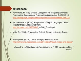references
• Haverkate, H. (n.d). Deictic Categories As Mitigating Devices:
Pragmatics. International Pragmatics Association, 2:4.509-510.
http://elanguage.net/journals/pragmatics/articlelviewfile/393/324
• Hromatkova, V. (2014), Pragmatics of Legal Language: Deixis.
(Master thesis). Retrieved from
http://is.muni.cz/th/330848/ff_m/MA_Thesis.pdf
• Yule, G. (1996), Pragmatics, Oxford: Oxford University Press.
• Word press. (2014).Deixis [Image]. Retrieved from
http://introruins.wordpress.com/2014/03/24/jacob-maps-and-deixis/
•‫د‬.‫ش‬ ،‫على‬.‫س‬( .٢٠١٤.)‫پراگماتيك‬.‫هةولئر‬:‫ئةكاديمياى‬ ‫بالوكراوةكانى‬
‫كوردى‬.
 