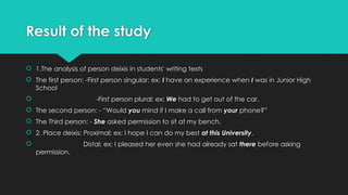 Result of the study
 1.The analysis of person deixis in students' writing texts
 The first person: -First person singular; ex; I have an experience when I was in Junior High
School
 -First person plural; ex; We had to get out of the car.
 The second person: - “Would you mind if I make a call from your phone?”
 The Third person: - She asked permission to sit at my bench.
 2. Place deixis; Proximal; ex; I hope I can do my best at this University.
 Distal; ex; I pleased her even she had already sat there before asking
permission.
 