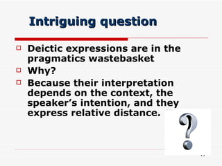 Intriguing question <ul><li>Deictic expressions are in the pragmatics wastebasket </li></ul><ul><li>Why? </li></ul><ul><li...