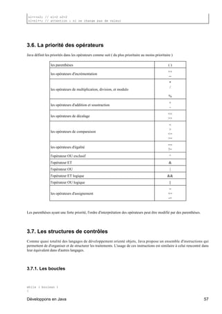 n1=++n2; // n1=2 n2=2
n1=n1++; // attention : n1 ne change pas de valeur




3.6. La priorité des opérateurs
Java définit les priorités dans les opérateurs comme suit ( du plus prioritaire au moins prioritaire )

                les parenthèses                                                                    ()
                                                                                                  ++
                les opérateurs d'incrémentation
                                                                                                  --
                                                                                                   *
                                                                                                   /
                les opérateurs de multiplication, division, et modulo
                                                                                                   %
                                                                                                   +
                les opérateurs d'addition et soustraction
                                                                                                   -
                                                                                                  <<
                les opérateurs de décalage
                                                                                                  >>
                                                                                                   <
                                                                                                   >
                les opérateurs de comparaison
                                                                                                  <=
                                                                                                  >=
                                                                                                  ==
                les opérateurs d'égalité
                                                                                                  !=
                l'opérateur OU exclusif                                                            ^
                l'opérateur ET                                                                     &
                l'opérateur OU                                                                      |
                l'opérateur ET logique                                                            &&
                l'opérateur OU logique                                                             ||
                                                                                                   =
                les opérateurs d'assignement                                                      +=
                                                                                                  -=


Les parenthèses ayant une forte priorité, l'ordre d'interprétation des opérateurs peut être modifié par des parenthèses.




3.7. Les structures de contrôles
Comme quasi totalité des langages de développement orienté objets, Java propose un ensemble d'instructions qui
permettent de d'organiser et de structurer les traitements. L'usage de ces instructions est similaire à celui rencontré dans
leur équivalent dans d'autres langages.




3.7.1. Les boucles



while ( boolean )
{

Développons en Java                                                                                                        57
 