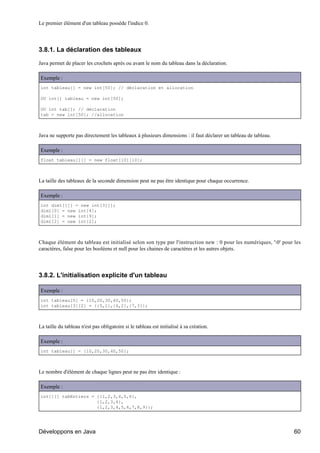 Le premier élément d'un tableau possède l'indice 0.




3.8.1. La déclaration des tableaux

Java permet de placer les crochets après ou avant le nom du tableau dans la déclaration.

Exemple :
int tableau[] = new int[50]; // déclaration et allocation

OU int[] tableau = new int[50];

OU int tab[]; // déclaration
tab = new int[50]; //allocation



Java ne supporte pas directement les tableaux à plusieurs dimensions : il faut déclarer un tableau de tableau.

Exemple :
float tableau[][] = new float[10][10];



La taille des tableaux de la seconde dimension peut ne pas être identique pour chaque occurrence.

Exemple :
int dim1[][] = new int[3][];
dim1[0] = new int[4];
dim1[1] = new int[9];
dim1[2] = new int[2];



Chaque élément du tableau est initialisé selon son type par l'instruction new : 0 pour les numériques, '0' pour les
caractères, false pour les booléens et null pour les chaines de caractères et les autres objets.




3.8.2. L'initialisation explicite d'un tableau

Exemple :
int tableau[5] = {10,20,30,40,50};
int tableau[3][2] = {{5,1},{6,2},{7,3}};



La taille du tableau n'est pas obligatoire si le tableau est initialisé à sa création.

Exemple :
int tableau[] = {10,20,30,40,50};



Le nombre d'élément de chaque lignes peut ne pas être identique :

Exemple :
int[][] tabEntiers = {{1,2,3,4,5,6},
                     {1,2,3,4},
                     {1,2,3,4,5,6,7,8,9}};




Développons en Java                                                                                              60
 