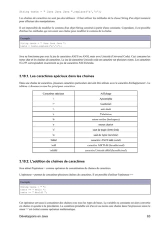 String texte = " Java Java Java ".replace('a','o');

Les chaînes de caractères ne sont pas des tableaux : il faut utiliser les méthodes de la classe String d'un objet instancié
pour effectuer des manipulations.

Il est impossible de modifier le contenu d'un objet String construit à partir d'une constante. Cependant, il est possible
d'utiliser les méthodes qui renvoient une chaîne pour modifier le contenu de la chaîne.

Exemple :
String texte = " Java Java Java ";
texte = texte.replace('a','o');



Java ne fonctionne pas avec le jeu de caractères ASCII ou ANSI, mais avec Unicode (Universal Code). Ceci concerne les
types char et les chaînes de caractères. Le jeu de caractères Unicode code un caractère sur plusieurs octets. Les caractères
0 à 255 correspondent exactement au jeu de caractères ASCII étendu.




3.10.1. Les caractères spéciaux dans les chaines

Dans une chaîne de caractères, plusieurs caractères particuliers doivent être utilisés avec le caractère d'échappement . Le
tableau ci dessous recense les principaux caractères.

                      Caractères spéciaux                                    Affichage
                                '                                          Apostrophe
                               "                                            Guillemet
                                                                            anti slash
                               t                                            Tabulation
                               b                                    retour arrière (backspace)
                               r                                          retour chariot
                               f                                     saut de page (form feed)
                               n                                      saut de ligne (newline)
                             0ddd                                  caractère ASCII ddd (octal)
                              xdd                               caractère ASCII dd (hexadécimal)
                             udddd                           caractère Unicode dddd (hexadécimal)



3.10.2. L'addition de chaînes de caractères

Java admet l'opérateur + comme opérateur de concaténation de chaines de caractères.

L'opérateur + permet de concaténer plusieurs chaînes de caractères. Il est possible d'utiliser l'opérateur +=

Exemple :
String texte = " ";
texte += " Hello ";
texte += " World3 ";



Cet opérateur sert aussi à concaténer des chaînes avec tous les types de bases. La variable ou constante est alors convertie
en chaîne et ajoutée à la précédente. La condition préalable est d'avoir au moins une chaîne dans l'expression sinon le
sinon '+' est évalué comme opérateur mathématique.

Développons en Java                                                                                                     63
 