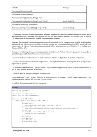 Méthode                                                                     Remarque

Process exec(String command)

Process exec(String[] cmdarray)

Process exec(String[] cmdarray, String[] envp)

Process exec(String[] cmdarray, String[] envp, File dir)                    (depuis Java 1.3)

Process exec(String cmd, String[] envp)

Process exec(String command, String[] envp, File dir)                       (depuis Java 1.3)



La commande à exécuter peut être fournie sous la forme d'une chaîne de caractères ou sous la forme d'un tableau dont le
premier élément est la commande et les éléments suivants sont ses arguments. Deux des surcharges accepte un objet de
File qui encapsule le répertoire dans lequel la commande va être exécutée.

Important : la commande exec() n'est pas un interpréteur de commande. Il n'est par exemple pas possible de préciser dans
la commande une redirection vers un fichier. Ainsi pour exécuter une commande de l'interpréteur DOS sous Windows, il
est nécessaire de préciser l'interpréteur de commande à utiliser (command.com sous Windows 95 ou cmd.exe sous
Windows 2000 et XP).

Remarque : avec l'interpréteur de commande cmd.exe, il est nécessaire d'utiliser l'option /c qui permet de demander de
quitter l'interpréteur à la fin de l'exécution de la commande.

L'inconvénient d'utiliser cette méthode est que la commande exécutée est dépendante du système d'exploitation.

La classe abstraite Process encapsule un processus : son implémentation est fournie par la JVM puisqu'elle est
dépendante du système.

Les méthodes getOutputStream(), getInputStream() et getErrorStream() permettent d'avoir un accès respectivement au
flux de sortie, d'entrée et d'erreur du processus.

La méthode waitFor() permet d'attendre la fin du processus

La méthode exitValue() permet d'obtenir le code retour du processus. Elle lève une exception de type
IllegalThreadStateException si le processus n'est pas terminé.

La méthode destroy() permet de détruire le processus

Exemple :
package com.jmd.tests;

import java.io.BufferedReader;
import java.io.InputStreamReader;

public class TestRuntime2 {
    public static void main(String[] args) {
        try {
            Process proc =
                Runtime.getRuntime().exec("cmd.exe /c set");
            BufferedReader in =
                new BufferedReader(new InputStreamReader(proc.getInputStream()));
            String str;
            while ((str = in.readLine()) != null) {
                System.out.println(str);
            }
            in.close();
            proc.waitFor();
        } catch (Exception e) {
            e.printStackTrace();
        }
    }
}


Développons en Java                                                                                                113
 