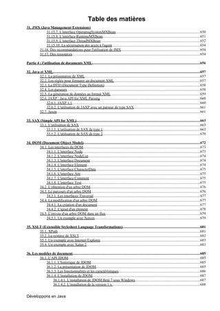 Table des matières
31. JMX (Java Management Extensions)
           31.15.7. L'interface OperatingSystemMXBean............................................................................................650
           31.15.8. L'interface RuntimeMXBean..........................................................................................................651
           31.15.9. L'interface ThreadMXBean              .............................................................................................................652
           31.15.10. La sécurisation des accès à l'agent................................................................................................654
       31.16. Des recommandations pour l'utilisation de JMX......................................................................................654
       31.17. Des ressources...........................................................................................................................................654

Partie 4 : l'utilisation de documents XML.....................................................................................................................656

32. Java et XML................................................................................................................................................................657
        32.1. La présentation de XML.............................................................................................................................657
        32.2. Les règles pour formater un document XML..............................................................................................657
        32.3. La DTD (Document Type Definition)........................................................................................................658
        32.4. Les parseurs.................................................................................................................................................658
        32.5. La génération de données au format XML                         ..................................................................................................659
        32.6. JAXP : Java API for XML Parsing.............................................................................................................660
             32.6.1. JAXP 1.1...........................................................................................................................................660
             32.6.2. L'utilisation de JAXP avec un parseur de type SAX........................................................................661
        32.7. Jaxen............................................................................................................................................................661

33. SAX (Simple API for XML)......................................................................................................................................663
                                 .
       33.1. L'utilisation de SAX....................................................................................................................................663
            33.1.1. L'utilisation de SAX de type 1..........................................................................................................663
            33.1.2. L'utilisation de SAX de type 2..........................................................................................................670

34. DOM (Document Object Model)...............................................................................................................................672
       34.1. Les interfaces du DOM...............................................................................................................................673
           34.1.1. L'interface Node................................................................................................................................673
           34.1.2. L'interface NodeList .........................................................................................................................674
                                           .
           34.1.3. L'interface Document........................................................................................................................674
           34.1.4. L'interface Element...........................................................................................................................674
           34.1.5. L'interface CharacterData.................................................................................................................675
           34.1.6. L'interface Attr..................................................................................................................................675
           34.1.7. L'interface Comment.........................................................................................................................675
           34.1.8. L'interface Text.................................................................................................................................675
       34.2. L'obtention d'un arbre DOM.......................................................................................................................676
       34.3. Le parcours d'un arbre DOM       .......................................................................................................................676
           34.3.1. Les interfaces Traversal....................................................................................................................677
       34.4. La modification d'un arbre DOM................................................................................................................677
           34.4.1. La création d'un document................................................................................................................677
           34.4.2. L'ajout d'un élément..........................................................................................................................678
       34.5. L'envoie d'un arbre DOM dans un flux.......................................................................................................679
           34.5.1. Un exemple avec Xerces...................................................................................................................679

35. XSLT (Extensible Stylesheet Language Transformations)....................................................................................681
                                                                                        .
       35.1. XPath...........................................................................................................................................................681
       35.2. La syntaxe de XSLT          ....................................................................................................................................682
       35.3. Un exemple avec Internet Explorer                  .............................................................................................................683
       35.4. Un exemple avec Xalan 2             ............................................................................................................................683

36. Les modèles de document   ...........................................................................................................................................685
        36.1. L'API JDOM...............................................................................................................................................685
            36.1.1. L'historique de JDOM.......................................................................................................................685
            36.1.2. La présentation de JDOM.................................................................................................................685
            36.1.3. Les fonctionnalités et les caractéristiques.........................................................................................686
            36.1.4. L'installation de JDOM.....................................................................................................................687
                 36.1.4.1. L'installation de JDOM Betâ 7 sous Windows.......................................................................687
                 36.1.4.2. L'installation de la version 1.x ...............................................................................................688


Développons en Java
 
