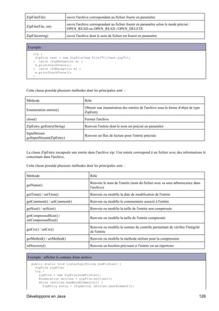 ZipFile(File)               ouvre l'archive correspondant au fichier fourni en paramètre
                            ouvre l'archive correspondant au fichier fourni en paramètre selon le mode précisé :
ZipFile(File, int)
                            OPEN_READ ou OPEN_READ | OPEN_DELETE
ZipFile(string)             ouvre l'archive dont le nom de fichier est fourni en paramètre


Exemple :
    try {
      ZipFile test = new ZipFile(new File("C:/test.zip"));
    } catch (ZipException e) {
      e.printStackTrace();
    } catch (IOException e) {
      e.printStackTrace();
    }



Cette classe possède plusieurs méthodes dont les principales sont :

Méthode                                 Rôle
                                        Obtenir une énumération des entrées de l'archive sous la forme d'objet de type
Enumeration entries()
                                        ZipEntry
close()                                 Fermer l'archive
ZipEntry getEntry(String)               Renvoie l'entrée dont le nom est précisé en paramètre
InputStream
                                        Renvoie un flux de lecture pour l'entrée précisée
getInputStream(ZipEntry)


La classe ZipEntry encapsule une entrée dans l'archive zip. Une entrée correspond à un fichier avec des informations le
concernant dans l'archive.

Cette classe possède plusieurs méthodes dont les principales sont :

Méthode                                     Rôle
                                            Renvoie le nom de l'entrée (nom du fichier avec sa sous arborescence dans
getName()
                                            l'archive)
getTime() / setTime()                       Renvoie ou modifie la date de modification de l'entrée
getComment() / setComment()                 Renvoie ou modifie le commentaire associé à l'entrée
getSize() / setSize()                       Renvoie ou modifie la taille de l'entrée non compressée
getCompressedSize() /
                                            Renvoie ou modifie la taille de l'entrée compressée
setCompressedSize()
                                            Renvoie ou modifie la somme de contrôle permettant de vérifier l'intégrité
getCrc() / setCrc()
                                            de l'entrée
getMethod() / setMethod()                   Renvoie ou modifie la méthode utilisée pour la compression
isDirectory()                               Renvoie un booléen précisant si l'entrée est un répertoire


Exemple : afficher le contenu d'une archive
   public static void listerZip(String nomFichier) {
     ZipFile zipFile;
     try {
       zipFile = new ZipFile(nomFichier);
       Enumeration entries = zipFile.entries();
       while (entries.hasMoreElements()) {
         ZipEntry entry = (ZipEntry) entries.nextElement();


Développons en Java                                                                                                  126
 