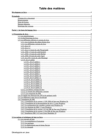 Table des matières
Développons en Java.............................................................................................................................................................1

Préambule..............................................................................................................................................................................2
      A propos de ce document.........................................................................................................................................2
      Remerciements.........................................................................................................................................................4
      Notes de licence.......................................................................................................................................................4
      Marques déposées....................................................................................................................................................4
      Historique des versions............................................................................................................................................5

Partie 1 : les bases du langage Java....................................................................................................................................7

1. Présentation de Java.........................................................................................................................................................8
        1.1. Les caractéristiques...........................................................................................................................................8
        1.2. Un bref historique de Java        .................................................................................................................................9
        1.3. Les différentes éditions et versions de Java....................................................................................................10
             1.3.1. Les évolutions des plates-formes Java..................................................................................................11
             1.3.2. Les différentes versions de Java              ............................................................................................................11
             1.3.3. Java 1.0..................................................................................................................................................12
             1.3.4. Java 1.1..................................................................................................................................................12
             1.3.5. Java 1.2 (nom de code Playground)......................................................................................................13
             1.3.6. J2SE 1.3 (nom de code Kestrel)............................................................................................................13
             1.3.7. J2SE 1.4 (nom de code Merlin)............................................................................................................13
             1.3.8. J2SE 5.0 (nom de code Tiger)...............................................................................................................14
             1.3.9. Java SE 6 (nom de code Mustang)........................................................................................................14
             1.3.10. Java 6 update.......................................................................................................................................17
                  1.3.10.1. Java 6 update 1..........................................................................................................................18
                  1.3.10.2. Java 6 update 2..........................................................................................................................18
                  1.3.10.3. Java 6 update 3..........................................................................................................................18
                  1.3.10.4. Java 6 update 4..........................................................................................................................18
                  1.3.10.5. Java 6 update 5..........................................................................................................................18
                  1.3.10.6. Java 6 update 6..........................................................................................................................20
                  1.3.10.7. Java 6 update 7..........................................................................................................................20
                  1.3.10.8. Java 6 update 10........................................................................................................................21
                  1.3.10.9. Java 6 update 11........................................................................................................................21
                  1.3.10.10. Java 6 update 12......................................................................................................................21
                  1.3.10.11. Java 6 update 13......................................................................................................................21
                  1.3.10.12. Java 6 update 14......................................................................................................................21
                  1.3.10.13. Java 6 update 15......................................................................................................................22
                  1.3.10.14. Java 6 update 16......................................................................................................................22
             1.3.11. Les futures versions de Java             ................................................................................................................22
             1.3.12. Le résumé des différentes versions.....................................................................................................22
             1.3.13. Les extensions du JDK........................................................................................................................22
        1.4. Un rapide tour d'horizon des API et de quelques outils..................................................................................23
        1.5. Les différences entre Java et JavaScript..........................................................................................................24
        1.6. L'installation du JDK     .......................................................................................................................................25
             1.6.1. L'installation de la version 1.3 DU JDK de Sun sous Windows 9x......................................................25
             1.6.2. L'installation de la documentation de Java 1.3 sous Windows.............................................................27
             1.6.3. La configuration des variables système sous Windows 9x...................................................................28
             1.6.4. Les éléments du JDK 1.3 sous Windows..............................................................................................29
             1.6.5. L'installation de la version 1.4.2 du JDK de Sun sous Windows                                   ..........................................................29
             1.6.6. L'installation de la version 1.5 du JDK de Sun sous Windows                                  .............................................................30
             1.6.7. Installation JDK 1.4.2 sous Linux Mandrake 10..................................................................................31

2. Les notions et techniques de base en Java....................................................................................................................35
         2.1. Les concepts de base.......................................................................................................................................35
              2.1.1. La compilation et l'exécution................................................................................................................35
              2.1.2. Les packages.........................................................................................................................................38
              2.1.3. Le déploiement sous la forme d'un jar..................................................................................................40
              2.1.4. Le classpath...........................................................................................................................................41


Développons en Java
 