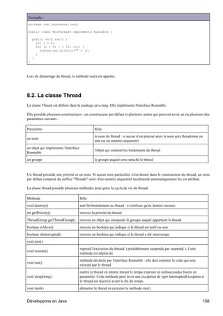 Exemple :
package com.jmdoudoux.test;

public class MonThread3 implements Runnable {

    public void run() {
      int i = 0;
      for (i = 0; i > 10; i++) {
        System.out.println("" + i);
      }
    }
}



Lors du démarrage du thread, la méthode run() est appelée.




8.2. La classe Thread
La classe Thread est définie dans le package java.lang. Elle implémente l'interface Runnable.

Elle possède plusieurs constructeurs : un constructeur par défaut et plusieurs autres qui peuvent avoir un ou plusieurs des
paramètres suivants :

Paramètre                                       Rôle
                                                le nom du thread : si aucun n'est précisé alors le nom sera thread-nnn ou
un nom
                                                nnn est un numéro séquentiel
un objet qui implémente l'interface
                                                l'objet qui contient les traitements du thread
Runnable
un groupe                                       le groupe auquel sera rattaché le thread


Un thread possède une priorité et un nom. Si aucun nom particulier n'est donné dans le constructeur du thread, un nom
par défaut composé du suffixe "Thread-" suivi d'un numéro séquentiel incrémenté automatiquement lui est attribué.

La classe thread possède plusieurs méthodes pour gérer le cycle de vie du thread.

Méthode                               Rôle
void destroy()                        met fin brutalement au thread : à n'utiliser qu'en dernier recours.
int getPriority()                     renvoie la priorité du thread
ThreadGroup getThreadGroup()          renvoie un objet qui encapsule le groupe auquel appartient le thread
boolean isAlive()                     renvoie un booléen qui indique si le thread est actif ou non
boolean isInterrupted()               renvoie un booléen qui indique si le thread a été interrompu
void join()
                                      reprend l'exécution du thread( ) préalablement suspendu par suspend( ). Cette
void resume()
                                      méthode est dépréciée
                                      méthode déclarée par l'interface Runnable : elle doit contenir le code qui sera
void run()
                                      exécuté par le thread
                                      mettre le thread en attente durant le temps exprimé en millisecondes fourni en
void sleep(long)                      paramètre. Cette méthode peut lever une exception de type InterruptedException si
                                      le thread est réactivé avant la fin du temps.
void start()                          démarrer le thread et exécuter la méthode run()


Développons en Java                                                                                                     156
 