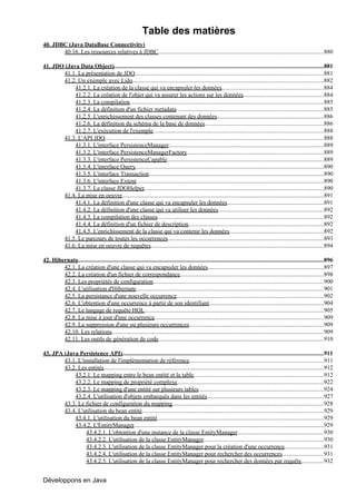 Table des matières
40. JDBC (Java DataBase Connectivity)
       40.16. Les ressources relatives à JDBC...............................................................................................................880

41. JDO (Java Data Object).............................................................................................................................................881
       41.1. La présentation de JDO...............................................................................................................................881
       41.2. Un exemple avec Lido       .................................................................................................................................882
            41.2.1. La création de la classe qui va encapsuler les données.....................................................................884
            41.2.2. La création de l'objet qui va assurer les actions sur les données                             .......................................................884
            41.2.3. La compilation..................................................................................................................................885
            41.2.4. La définition d'un fichier metadata...................................................................................................885
            41.2.5. L'enrichissement des classes contenant des données........................................................................886
            41.2.6. La définition du schéma de la base de données................................................................................886
            41.2.7. L'exécution de l'exemple...................................................................................................................888
       41.3. L'API JDO...................................................................................................................................................888
            41.3.1. L'interface PersistenceManager........................................................................................................889
            41.3.2. L'interface PersistenceManagerFactory............................................................................................889
            41.3.3. L'interface PersistenceCapable.........................................................................................................889
            41.3.4. L'interface Query     ...............................................................................................................................890
            41.3.5. L'interface Transaction        ......................................................................................................................890
            41.3.6. L'interface Extent..............................................................................................................................890
            41.3.7. La classe JDOHelper.........................................................................................................................890
       41.4. La mise en oeuvre.......................................................................................................................................891
            41.4.1. La définition d'une classe qui va encapsuler les données.................................................................891
            41.4.2. La définition d'une classe qui va utiliser les données.......................................................................892
            41.4.3. La compilation des classes................................................................................................................892
            41.4.4. La définition d'un fichier de description...........................................................................................892
            41.4.5. L'enrichissement de la classe qui va contenir les données................................................................892
       41.5. Le parcours de toutes les occurrences.........................................................................................................893
       41.6. La mise en oeuvre de requêtes....................................................................................................................894

42. Hibernate.....................................................................................................................................................................896
        42.1. La création d'une classe qui va encapsuler les données..............................................................................897
        42.2. La création d'un fichier de correspondance.................................................................................................898
        42.3. Les propriétés de configuration...................................................................................................................900
        42.4. L'utilisation d'Hibernate..............................................................................................................................901
        42.5. La persistance d'une nouvelle occurrence...................................................................................................902
        42.6. L'obtention d'une occurrence à partir de son identifiant.............................................................................904
        42.7. Le langage de requête HQL........................................................................................................................905
        42.8. La mise à jour d'une occurrence..................................................................................................................909
        42.9. La suppression d'une ou plusieurs occurrences...........................................................................................909
        42.10. Les relations..............................................................................................................................................909
        42.11. Les outils de génération de code...............................................................................................................910

43. JPA (Java Persistence API).......................................................................................................................................911
        43.1. L'installation de l'implémentation de référence                      ...........................................................................................911
        43.2. Les entités ....................................................................................................................................................912
            43.2.1. Le mapping entre le bean entité et la table                       ........................................................................................912
            43.2.2. Le mapping de propriété complexe...................................................................................................922
            43.2.3. Le mapping d'une entité sur plusieurs tables....................................................................................924
            43.2.4. L'utilisation d'objets embarqués dans les entités...............................................................................927
        43.3. Le fichier de configuration du mapping......................................................................................................928
        43.4. L'utilisation du bean entité..........................................................................................................................929
            43.4.1. L'utilisation du bean entité................................................................................................................929
            43.4.2. L'EntityManager...............................................................................................................................929
                                              .
                  43.4.2.1. L'obtention d'une instance de la classe EntityManager..........................................................930
                  43.4.2.2. L'utilisation de la classe EntityManager.................................................................................930
                  43.4.2.3. L'utilisation de la classe EntityManager pour la création d'une occurrence...........................931
                  43.4.2.4. L'utilisation de la classe EntityManager pour rechercher des occurrences............................931
                  43.4.2.5. L'utilisation de la classe EntityManager pour rechercher des données par requête                                                  ................932


Développons en Java
 