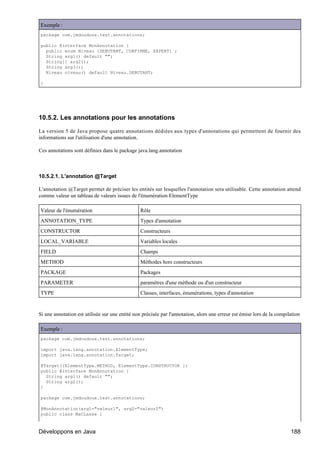 Exemple :
package com.jmdoudoux.test.annotations;

public @interface MonAnnotation {
  public enum Niveau {DEBUTANT, CONFIRME, EXPERT} ;
  String arg1() default "";
  String[] arg2();
  String arg3();
  Niveau niveau() default Niveau.DEBUTANT;

}




10.5.2. Les annotations pour les annotations

La version 5 de Java propose quatre annotations dédiées aux types d'annotations qui permettent de fournir des
informations sur l'utilisation d'une annotation.

Ces annotations sont définies dans le package java.lang.annotation



10.5.2.1. L'annotation @Target

L'annotation @Target permet de préciser les entités sur lesquelles l'annotation sera utilisable. Cette annotation attend
comme valeur un tableau de valeurs issues de l'énumération ElementType

Valeur de l'énumération                          Rôle
ANNOTATION_TYPE                                  Types d'annotation
CONSTRUCTOR                                      Constructeurs
LOCAL_VARIABLE                                   Variables locales
FIELD                                            Champs
METHOD                                           Méthodes hors constructeurs
PACKAGE                                          Packages
PARAMETER                                        paramètres d'une méthode ou d'un constructeur
TYPE                                             Classes, interfaces, énumérations, types d'annotation


Si une annotation est utilisée sur une entité non précisée par l'annotation, alors une erreur est émise lors de la compilation

Exemple :
package com.jmdoudoux.test.annotations;

import java.lang.annotation.ElementType;
import java.lang.annotation.Target;

@Target({ElementType.METHOD, ElementType.CONSTRUCTOR })
public @interface MonAnnotation {
  String arg1() default "";
  String arg2();
}

package com.jmdoudoux.test.annotations;

@MonAnnotation(arg1="valeur1", arg2="valeur2")
public class MaCLasse {



Développons en Java                                                                                                      188
 