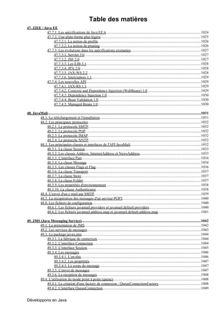 Table des matières
47. J2EE / Java EE
             47.7.1. Les spécifications de Java EE 6......................................................................................................1024
             47.7.2. Une plate-forme plus légère............................................................................................................1025
                 47.7.2.1. La notion de profile      ...............................................................................................................1026
                 47.7.2.2. La notion de pruning.............................................................................................................1026
             47.7.3. Les évolutions dans les spécifications existantes............................................................................1027
                 47.7.3.1. Servlet 3.0.............................................................................................................................1027
                 47.7.3.2. JSF 2.0..................................................................................................................................1027
                 47.7.3.3. Les EJB 3.1...........................................................................................................................1028
                 47.7.3.4. JPA 2.0..................................................................................................................................1028
                 47.7.3.5. JAX-WS 2.2..........................................................................................................................1028
                 47.7.3.6. Interceptors 1.1.....................................................................................................................1029
             47.7.4. Les nouvelles API...........................................................................................................................1029
                 47.7.4.1. JAX-RS 1.1...........................................................................................................................1029
                 47.7.4.2. Contexte and Dependency Injection (WebBeans) 1.0..........................................................1029
                 47.7.4.3. Dependency Injection 1.0.....................................................................................................1030
                 47.7.4.4. Bean Validation 1.0..............................................................................................................1030
                 47.7.4.5. Managed Beans 1.0...............................................................................................................1030

48. JavaMail....................................................................................................................................................................1031
        48.1. Le téléchargement et l'installation.............................................................................................................1031
        48.2. Les principaux protocoles.........................................................................................................................1032
            48.2.1. Le protocole SMTP.........................................................................................................................1032
            48.2.2. Le protocole POP............................................................................................................................1032
            48.2.3. Le protocole IMAP.........................................................................................................................1032
            48.2.4. Le protocole NNTP.........................................................................................................................1032
        48.3. Les principales classes et interfaces de l'API JavaMail............................................................................1032
            48.3.1. La classe Session.............................................................................................................................1033
            48.3.2. Les classes Address, InternetAddress et NewsAddress..................................................................1033
            48.3.3. L'interface Part................................................................................................................................1034
            48.3.4. La classe Message...........................................................................................................................1034
            48.3.5. Les classes Flags et Flag.................................................................................................................1036
            48.3.6. La classe Transport.........................................................................................................................1037
            48.3.7. La classe Store................................................................................................................................1037
            48.3.8. La classe Folder..............................................................................................................................1037
            48.3.9. Les propriétés d'environnement......................................................................................................1038
            48.3.10. La classe Authenticator.................................................................................................................1038
        48.4. L'envoi d'un e mail par SMTP                   ...................................................................................................................1039
        48.5. La récupération des messages d'un serveur POP3....................................................................................1040
        48.6. Les fichiers de configuration.....................................................................................................................1040
            48.6.1. Les fichiers javamail.providers et javamail.default.providers........................................................1040
            48.6.2. Les fichiers javamail.address.map et javamail.default.address.map                                            ...............................................1041

49. JMS (Java Messaging Service)................................................................................................................................1042
       49.1. La présentation de JMS.............................................................................................................................1042
       49.2. Les services de messages..........................................................................................................................1043
       49.3. Le package javax.jms................................................................................................................................1044
            49.3.1. La fabrique de connexion................................................................................................................1044
            49.3.2. L'interface Connection....................................................................................................................1044
            49.3.3. L'interface Session..........................................................................................................................1045
            49.3.4. Les messages...................................................................................................................................1046
                49.3.4.1. L'en tête.................................................................................................................................1046
                49.3.4.2. Les propriétés........................................................................................................................1047
                49.3.4.3. Le corps du message.............................................................................................................1047
            49.3.5. L'envoi de messages........................................................................................................................1047
            49.3.6. La réception de messages................................................................................................................1048
       49.4. L'utilisation du mode point à point (queue)..............................................................................................1048
            49.4.1. La création d'une factory de connexion : QueueConnectionFactory..............................................1048
            49.4.2. L'interface QueueConnection           ..........................................................................................................1049


Développons en Java
 