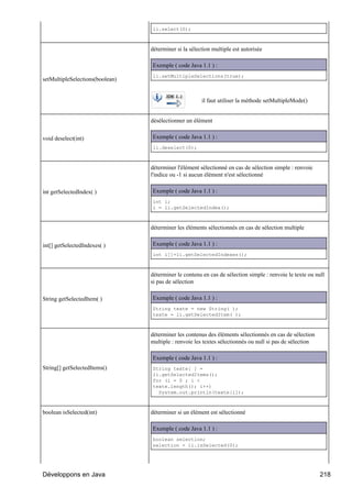 li.select(0);



                                 déterminer si la sélection multiple est autorisée

                                 Exemple ( code Java 1.1 ) :
                                 li.setMultipleSelections(true);
setMultipleSelections(boolean)


                                                       il faut utiliser la méthode setMultipleMode()


                                 désélectionner un élément


void deselect(int)               Exemple ( code Java 1.1 ) :
                                 li.deselect(0);



                                 déterminer l'élément sélectionné en cas de sélection simple : renvoie
                                 l'indice ou -1 si aucun élément n'est sélectionné

int getSelectedIndex( )          Exemple ( code Java 1.1 ) :
                                 int i;
                                 i = li.getSelectedIndex();



                                 déterminer les éléments sélectionnés en cas de sélection multiple


int[] getSelectedIndexes( )      Exemple ( code Java 1.1 ) :
                                 int i[]=li.getSelectedIndexes();



                                 déterminer le contenu en cas de sélection simple : renvoie le texte ou null
                                 si pas de sélection

String getSelectedItem( )        Exemple ( code Java 1.1 ) :
                                 String texte = new String( );
                                 texte = li.getSelectedItem( );



                                 déterminer les contenus des éléments sélectionnés en cas de sélection
                                 multiple : renvoie les textes sélectionnés ou null si pas de sélection

                                 Exemple ( code Java 1.1 ) :
String[] getSelectedItems()      String texte[ ] =
                                 li.getSelectedItems();
                                 for (i = 0 ; i <
                                 texte.length(); i++)
                                   System.out.println(texte[i]);



boolean isSelected(int)          déterminer si un élément est sélectionné

                                 Exemple ( code Java 1.1 ) :
                                 boolean selection;
                                 selection = li.isSelected(0);




Développons en Java                                                                                       218
 