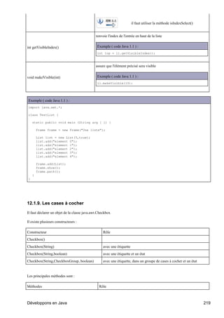 il faut utiliser la méthode isIndexSelect()


                                              renvoie l'index de l'entrée en haut de la liste


int getVisibleIndex()                          Exemple ( code Java 1.1 ) :
                                               int top = li.getVisibleIndex();



                                              assure que l'élément précisé sera visible


void makeVisible(int)                          Exemple ( code Java 1.1 ) :
                                               li.makeVisible(10);




Exemple ( code Java 1.1 ) :
import java.awt.*;

class TestList {

    static public void main (String arg [ ]) {

        Frame frame = new Frame("Une liste");

        List list = new List(5,true);
        list.add("element 0");
        list.add("element 1");
        list.add("element 2");
        list.add("element 3");
        list.add("element 4");

        frame.add(List);
        frame.show();
        frame.pack();
    }
}




12.1.9. Les cases à cocher

Il faut déclarer un objet de la classe java.awt.Checkbox

Il existe plusieurs constructeurs :

Constructeur                                       Rôle
Checkbox()
Checkbox(String)                                   avec une étiquette
Checkbox(String,boolean)                           avec une étiquette et un état
Checkbox(String,CheckboxGroup, boolean)            avec une étiquette, dans un groupe de cases à cocher et un état


Les principales méthodes sont :

Méthodes                                        Rôle



Développons en Java                                                                                                   219
 