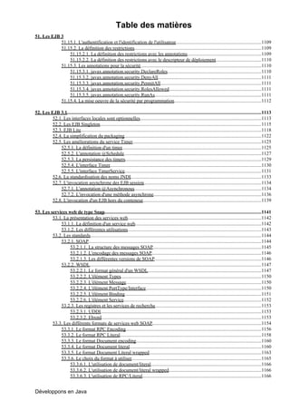 Table des matières
51. Les EJB 3
            51.15.1. L'authentification et l'identification de l'utilisateur.......................................................................1109
            51.15.2. La définition des restrictions.........................................................................................................1109
                51.15.2.1. La définition des restrictions avec les annotations.............................................................1109
                51.15.2.2. La définition des restrictions avec le descripteur de déploiement......................................1110
            51.15.3. Les annotations pour la sécurité....................................................................................................1110
                51.15.3.1. javax.annotation.security.DeclareRoles..............................................................................1110
                51.15.3.2. javax.annotation.security.DenyAll.....................................................................................1111
                                                                      .
                51.15.3.3. javax.annotation.security.PermitAll...................................................................................1111
                                                                        .
                51.15.3.4. javax.annotation.security.RolesAllowed............................................................................1111
                51.15.3.5. javax.annotation.security.RunAs........................................................................................1111
            51.15.4. La mise oeuvre de la sécurité par programmation........................................................................1112

52. Les EJB 3.1................................................................................................................................................................1113
         52.1. Les interfaces locales sont optionnelles....................................................................................................1113
         52.2. Les EJB Singleton.....................................................................................................................................1115
         52.3. EJB Lite.....................................................................................................................................................1118
         52.4. La simplification du packaging.................................................................................................................1122
         52.5. Les améliorations du service Timer..........................................................................................................1125
             52.5.1. La définition d'un timer...................................................................................................................1125
             52.5.2. L'annotation @Schedule.................................................................................................................1127
             52.5.3. La persistance des timers................................................................................................................1129
             52.5.4. L'interface Timer.............................................................................................................................1130
             52.5.5. L'interface TimerService.................................................................................................................1131
         52.6. La standardisation des noms JNDI............................................................................................................1133
         52.7. L'invocation asynchrone des EJB session.................................................................................................1134
             52.7.1. L'annotation @Asynchronous.........................................................................................................1134
             52.7.2. L'invocation d'une méthode asynchrone.........................................................................................1136
         52.8. L'invocation d'un EJB hors du conteneur..................................................................................................1139

53. Les services web de type Soap.................................................................................................................................1141
         53.1. La présentation des services web..............................................................................................................1142
             53.1.1. La définition d'un service web........................................................................................................1142
             53.1.2. Les différentes utilisations..............................................................................................................1143
         53.2. Les standards.............................................................................................................................................1144
             53.2.1. SOAP..............................................................................................................................................1144
                  53.2.1.1. La structure des messages SOAP                     ..........................................................................................1145
                  53.2.1.2. L'encodage des messages SOAP                      ...........................................................................................1146
                  53.2.1.3. Les différentes versions de SOAP........................................................................................1146
             53.2.2. WSDL.............................................................................................................................................1147
                  53.2.2.1. Le format général d'un WSDL..............................................................................................1147
                  53.2.2.2. L'élément Types....................................................................................................................1150
                  53.2.2.3. L'élément Message            ................................................................................................................1150
                  53.2.2.4. L'élément PortType/Interface...............................................................................................1150
                  53.2.2.5. L'élément Binding.................................................................................................................1151
                  53.2.2.6. L'élément Service          ..................................................................................................................1152
             53.2.3. Les registres et les services de recherche........................................................................................1153
                  53.2.3.1. UDDI....................................................................................................................................1153
                                    .
                  53.2.3.2. Ebxml....................................................................................................................................1153
         53.3. Les différents formats de services web SOAP..........................................................................................1154
             53.3.1. Le format RPC Encoding................................................................................................................1156
             53.3.2. Le format RPC Literal....................................................................................................................1158
                                                    .
             53.3.3. Le format Document encoding.......................................................................................................1160
             53.3.4. Le format Document literal.............................................................................................................1160
             53.3.5. Le format Document Literal wrapped.............................................................................................1163
             53.3.6. Le choix du format à utiliser...........................................................................................................1165
                  53.3.6.1. L'utilisation de document/literal...........................................................................................1166
                  53.3.6.2. L'utilisation de document/literal wrapped                       .............................................................................1166
                  53.3.6.3. L'utilisation de RPC/Literal..................................................................................................1166


Développons en Java
 