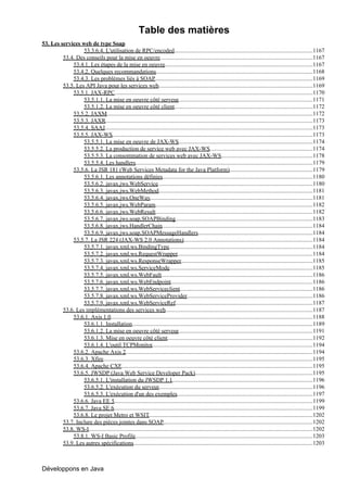 Table des matières
53. Les services web de type Soap
                  53.3.6.4. L'utilisation de RPC/encoded                     ................................................................................................1167
         53.4. Des conseils pour la mise en oeuvre.........................................................................................................1167
             53.4.1. Les étapes de la mise en oeuvre......................................................................................................1167
             53.4.2. Quelques recommandations............................................................................................................1168
             53.4.3. Les problèmes liés à SOAP.............................................................................................................1169
         53.5. Les API Java pour les services web..........................................................................................................1169
             53.5.1. JAX-RPC........................................................................................................................................1170
                  53.5.1.1. La mise en oeuvre côté serveur                      .............................................................................................1171
                  53.5.1.2. La mise en oeuvre côté client...............................................................................................1172
                                                                             .
             53.5.2. JAXM..............................................................................................................................................1172
             53.5.3. JAXR...............................................................................................................................................1173
             53.5.4. SAAJ...............................................................................................................................................1173
             53.5.5. JAX-WS..........................................................................................................................................1173
                  53.5.5.1. La mise en oeuvre de JAX-WS                         .............................................................................................1174
                  53.5.5.2. La production de service web avec JAX-WS.......................................................................1174
                  53.5.5.3. La consommation de services web avec JAX-WS...............................................................1178
                  53.5.5.4. Les handlers..........................................................................................................................1179
             53.5.6. La JSR 181 (Web Services Metadata for the Java Platform)..........................................................1179
                  53.5.6.1. Les annotations définies                 ........................................................................................................1180
                  53.5.6.2. javax.jws.WebService...........................................................................................................1180
                  53.5.6.3. javax.jws.WebMethod..........................................................................................................1181
                  53.5.6.4. javax.jws.OneWay................................................................................................................1181
                  53.5.6.5. javax.jws.WebParam                  .............................................................................................................1182
                  53.5.6.6. javax.jws.WebResult............................................................................................................1182
                                                                .
                  53.5.6.7. javax.jws.soap.SOAPBinding...............................................................................................1183
                  53.5.6.8. javax.jws.HandlerChain........................................................................................................1184
                  53.5.6.9. javax.jws.soap.SOAPMessageHandlers...............................................................................1184
             53.5.7. La JSR 224 (JAX-WS 2.0 Annotations).........................................................................................1184
                  53.5.7.1. javax.xml.ws.BindingType...................................................................................................1184
                  53.5.7.2. javax.xml.ws.RequestWrapper.............................................................................................1184
                  53.5.7.3. javax.xml.ws.ResponseWrapper...........................................................................................1185
                  53.5.7.4. javax.xml.ws.ServiceMode...................................................................................................1185
                  53.5.7.5. javax.xml.ws.WebFault........................................................................................................1186
                  53.5.7.6. javax.xml.ws.WebEndpoint..................................................................................................1186
                  53.5.7.7. javax.xml.ws.WebServiceclient............................................................................................1186
                  53.5.7.8. javax.xml.ws.WebServiceProvider.......................................................................................1186
                  53.5.7.9. javax.xml.ws.WebServiceRef...............................................................................................1187
         53.6. Les implémentations des services web                    ......................................................................................................1187
             53.6.1. Axis 1.0...........................................................................................................................................1188
                  53.6.1.1. Installation............................................................................................................................1189
                  53.6.1.2. La mise en oeuvre côté serveur                      .............................................................................................1191
                  53.6.1.3. Mise en oeuvre côté client....................................................................................................1192
                  53.6.1.4. L'outil TCPMonitor..............................................................................................................1194
                                                              .
             53.6.2. Apache Axis 2.................................................................................................................................1194
             53.6.3. Xfire................................................................................................................................................1195
             53.6.4. Apache CXF....................................................................................................................................1195
             53.6.5. JWSDP (Java Web Service Developer Pack).................................................................................1195
                  53.6.5.1. L'installation du JWSDP 1.1.................................................................................................1196
                  53.6.5.2. L'exécution du serveur..........................................................................................................1196
                  53.6.5.3. L'exécution d'un des exemples                      ..............................................................................................1197
             53.6.6. Java EE 5.........................................................................................................................................1199
             53.6.7. Java SE 6.........................................................................................................................................1199
             53.6.8. Le projet Metro et WSIT.................................................................................................................1202
         53.7. Inclure des pièces jointes dans SOAP.......................................................................................................1202
         53.8. WS-I..........................................................................................................................................................1202
             53.8.1. WS-I Basic Profile..........................................................................................................................1203
         53.9. Les autres spécifications         ............................................................................................................................1203



Développons en Java
 