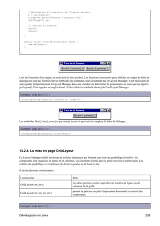 //déclaration et insertion de l'onglet suivant
        p = new Panel();
        p.add(new Button("Bouton 1 panneau 2"));
        add("Page2", p);

        // affiche la fenetre
        pack();
        show();

    }

    public static void main(String[] args) {
       new MaFrame();
    }

}




Lors de l'insertion d'un onglet, un nom doit lui être attribué. Les fonctions nécessaires pour afficher un onglet de boîte de
dialogue ne sont pas fournies par les méthodes du conteneur, mais seulement par le Layout Manager. Il est nécessaire de
sauvegarder temporairement le Layout Manager dans une variable ou déterminer le gestionnaire en cours par un appel à
getLayout(). Pour appeler un onglet donné, il faut utiliser la méthode show() du CardLayout Manager.

Exemple ( code Java 1.1 ) :
((CardLayout)getLayout()).show(this, "Page2");




Les méthodes first(), last(), next() et previous() servent à parcourir les onglets de boîte de dialogue :

Exemple ( code Java 1.1 ) :
((CardLayout)getLayout()).first(this);




13.2.4. La mise en page GridLayout

Ce Layout Manager établit un réseau de cellules identiques qui forment une sorte de quadrillage invisible : les
composants sont organisés en lignes et en colonnes. Les éléments insérés dans la grille ont tous la même taille. Les
cellules du quadrillage se remplissent de droite à gauche ou de haut en bas.

Il existe plusieurs constructeurs :

Constructeur                                        Rôle
                                                    Les deux premiers entiers spécifient le nombre de lignes ou de
GridLayout( int, int );
                                                    colonnes de la grille.
                                                    permet de préciser en plus l'espacement horizontal et vertical des
GridLayout( int, int, int, int );
                                                    composants.



Exemple ( code Java 1.1 ) :


Développons en Java                                                                                                      238
 