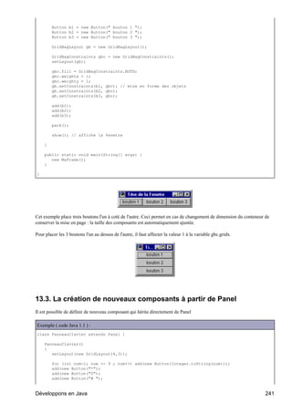 Button b1 = new Button(" bouton 1 ");
        Button b2 = new Button(" bouton 2 ");
        Button b3 = new Button(" bouton 3 ");

        GridBagLayout gb = new GridBagLayout();

        GridBagConstraints gbc = new GridBagConstraints();
        setLayout(gb);

        gbc.fill = GridBagConstraints.BOTH;
        gbc.weightx = 1;
        gbc.weighty = 1;
        gb.setConstraints(b1, gbc); // mise en forme des objets
        gb.setConstraints(b2, gbc);
        gb.setConstraints(b3, gbc);

        add(b1);
        add(b2);
        add(b3);

        pack();

        show(); // affiche la fenetre

    }

    public static void main(String[] args) {
       new MaFrame();
    }

}




Cet exemple place trois boutons l'un à coté de l'autre. Ceci permet en cas de changement de dimension du conteneur de
conserver la mise en page : la taille des composants est automatiquement ajustée.

Pour placer les 3 boutons l'un au dessus de l'autre, il faut affecter la valeur 1 à la variable gbc.gridx.




13.3. La création de nouveaux composants à partir de Panel
Il est possible de définir de nouveau composant qui hérite directement de Panel

Exemple ( code Java 1.1 ) :
class PanneauClavier extends Panel {

    PanneauClavier()
    {
       setLayout(new GridLayout(4,3));

        for (int num=1; num <= 9 ; num++) add(new Button(Integer.toString(num)));
        add(new Button("*");
        add(new Button("0");
        add(new Button("# ");


Développons en Java                                                                                                241
 