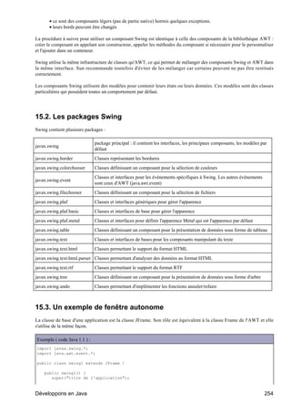 • ce sont des composants légers (pas de partie native) hormis quelques exceptions.
       • leurs bords peuvent être changés

La procédure à suivre pour utiliser un composant Swing est identique à celle des composants de la bibliothèque AWT :
créer le composant en appelant son constructeur, appeler les méthodes du composant si nécessaire pour le personnaliser
et l'ajouter dans un conteneur.

Swing utilise la même infrastructure de classes qu'AWT, ce qui permet de mélanger des composants Swing et AWT dans
la même interface. Sun recommande toutefois d'éviter de les mélanger car certains peuvent ne pas être restitués
correctement.

Les composants Swing utilisent des modèles pour contenir leurs états ou leurs données. Ces modèles sont des classes
particulières qui possèdent toutes un comportement par défaut.




15.2. Les packages Swing
Swing contient plusieurs packages :

                              package principal : il contient les interfaces, les principaux composants, les modèles par
javax.swing
                              défaut
javax.swing.border            Classes représentant les bordures
javax.swing.colorchooser      Classes définissant un composant pour la sélection de couleurs
                              Classes et interfaces pour les événements spécifiques à Swing. Les autres événements
javax.swing.event
                              sont ceux d'AWT (java.awt.event)
javax.swing.filechooser       Classes définissant un composant pour la sélection de fichiers
javax.swing.plaf              Classes et interfaces génériques pour gérer l'apparence
javax.swing.plaf.basic        Classes et interfaces de base pour gérer l'apparence
javax.swing.plaf.metal        Classes et interfaces pour définir l'apparence Metal qui est l'apparence par défaut
javax.swing.table             Classes définissant un composant pour la présentation de données sous forme de tableau
javax.swing.text              Classes et interfaces de bases pour les composants manipulant du texte
javax.swing.text.html         Classes permettant le support du format HTML
javax.swing.text.html.parser Classes permettant d'analyser des données au format HTML
javax.swing.text.rtf          Classes permettant le support du format RTF
javax.swing.tree              Classes définissant un composant pour la présentation de données sous forme d'arbre
javax.swing.undo              Classes permettant d'implémenter les fonctions annuler/refaire



15.3. Un exemple de fenêtre autonome
La classe de base d'une application est la classe JFrame. Son rôle est équivalent à la classe Frame de l'AWT et elle
s'utilise de la même façon.

Exemple ( code Java 1.1 ) :
import javax.swing.*;
import java.awt.event.*;

public class swing1 extends JFrame {

    public swing1() {
       super("titre de l'application");


Développons en Java                                                                                                   254
 