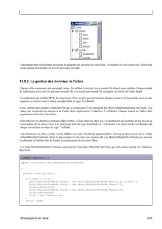 }




L'utilisateur peut sélectionner un noeud en cliquant sur son texte ou son icône. Un double clic sur le texte ou l'icône d'un
noeud permet de l'étendre ou le refermer selon son état.




15.8.2. La gestion des données de l'arbre

Chaque arbre commence par un noeud racine. Par défaut, la racine et ces noeuds fils directs sont visibles. Chaque noeud
de l'arbre peut avoir zéro ou plusieurs noeuds fils. Un noeud sans noeud fils est appelé un feuille de l'arbre (leaf)

En application du modèle MVC, le composant JTree ne gère pas directement chaque noeud et la façon dont ceux-ci sont
organiser et stocker mais il utilise un objet dédié de type TreeModel.

Ainsi, comme dans d'autre composant Swing, le composant JTree manipule des objets implémentant des interfaces. Une
classe qui encapsule les données de l'arbre doit implémenter l'interface TreeModel. Chaque noeud de l'arbre doit
implémenter l'interface TreeNode.

Pour préciser les données contenues dans l'arbre, il faut créer un objet qui va encapsuler ces données et les passer au
constructeur de la classe Jtree. Cet objet peut être de type TreeNode ou TreeModel. Cet objet stocke les données de
chaque noeud dans un objet de type TreeNode.

Généralement, le plus simple est de définir un type TreeNode personnalisé. Swing propose pour cela l'objet
DefaultMutableTreeNode. Donc le plus simple est de créer une instance de type DefaultMutableTreeNode pour stocker
les données et l'utiliser lors de l'appel du constructeur de la classe JTree.

La classe DefaultMutableTreeNode implémente l'interface MutableTreeNode qui elle-même hérite de l'interface
TreeNode

Exemple ( code Java 1.1 ) :
import javax.swing.tree.DefaultMutableTreeNode;

...

   private JTree getJTree() {

       if (jTree == null) {
         DefaultMutableTreeNode racine = new DefaultMutableTreeNode("Racine de l'arbre");
         DefaultMutableTreeNode noeud1 = new DefaultMutableTreeNode("Noeud 1");
         racine.add(noeud1);
         DefaultMutableTreeNode noeud2 = new DefaultMutableTreeNode("Noeud 2");
         racine.add(noeud2);
         jTree = new JTree(racine);
       }
       return jTree;
   }




Développons en Java                                                                                                    279
 