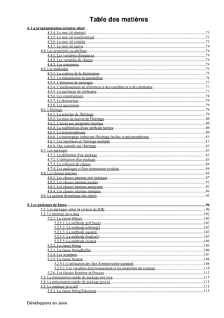 Table des matières
4. La programmation orientée objet
             4.3.4. Le mot clé abstract................................................................................................................................73
             4.3.5. Le mot clé synchronized.......................................................................................................................73
             4.3.6. Le mot clé volatile        .................................................................................................................................73
             4.3.7. Le mot clé native...................................................................................................................................74
        4.4. Les propriétés ou attributs...............................................................................................................................74
             4.4.1. Les variables d'instances.......................................................................................................................74
             4.4.2. Les variables de classes           .........................................................................................................................74
             4.4.3. Les constantes.......................................................................................................................................74
        4.5. Les méthodes...................................................................................................................................................75
             4.5.1. La syntaxe de la déclaration..................................................................................................................75
             4.5.2. La transmission de paramètres..............................................................................................................76
             4.5.3. L'émission de messages........................................................................................................................77
             4.5.4. L'enchainement de références à des variables et à des méthodes.........................................................77
             4.5.5. La surcharge de méthodes.....................................................................................................................77
             4.5.6. Les constructeurs        ...................................................................................................................................78
             4.5.7. Le destructeur........................................................................................................................................79
             4.5.8. Les accesseurs.......................................................................................................................................79
        4.6. L'héritage.........................................................................................................................................................79
             4.6.1. Le principe de l'héritage........................................................................................................................79
             4.6.2. La mise en oeuvre de l'héritage.............................................................................................................80
             4.6.3. L'accès aux propriétés héritées               ..............................................................................................................80
             4.6.4. La redéfinition d'une méthode héritée                    ...................................................................................................80
             4.6.5. Le polymorphisme................................................................................................................................80
             4.6.6. Le transtypage induit par l'héritage facilite le polymorphisme.............................................................81
             4.6.7. Les interfaces et l'héritage multiple......................................................................................................81
             4.6.8. Des conseils sur l'héritage.....................................................................................................................83
        4.7. Les packages...................................................................................................................................................83
             4.7.1. La définition d'un package....................................................................................................................83
             4.7.2. L'utilisation d'un package......................................................................................................................83
             4.7.3. La collision de classes...........................................................................................................................84
             4.7.4. Les packages et l'environnement système                        .............................................................................................84
        4.8. Les classes internes.........................................................................................................................................84
             4.8.1. Les classes internes non statiques.........................................................................................................87
             4.8.2. Les classes internes locales...................................................................................................................91
             4.8.3. Les classes internes anonymes..............................................................................................................93
             4.8.4. Les classes internes statiques................................................................................................................94
        4.9. La gestion dynamique des objets....................................................................................................................95

5. Les packages de bases   .....................................................................................................................................................96
         5.1. Les packages selon la version du JDK............................................................................................................96
         5.2. Le package java.lang.....................................................................................................................................102
              5.2.1. La classe Object..................................................................................................................................102
                   5.2.1.1. La méthode getClass()..............................................................................................................103
                   5.2.1.2. La méthode toString()...............................................................................................................103
                   5.2.1.3. La méthode equals()             ..................................................................................................................103
                   5.2.1.4. La méthode finalize()................................................................................................................103
                   5.2.1.5. La méthode clone()...................................................................................................................104
              5.2.2. La classe String...................................................................................................................................104
              5.2.3. La classe StringBuffer.........................................................................................................................106
              5.2.4. Les wrappers.......................................................................................................................................107
              5.2.5. La classe System.................................................................................................................................108
                   5.2.5.1. L'utilisation des flux d'entrée/sortie standard                       ............................................................................108
                   5.2.5.2. Les variables d'environnement et les propriétés du système....................................................110
              5.2.6. Les classes Runtime et Process...........................................................................................................112
         5.3. La présentation rapide du package awt java                    ..................................................................................................115
         5.4. La présentation rapide du package java.io....................................................................................................115
         5.5. Le package java.util......................................................................................................................................115
                                       .
              5.5.1. La classe StringTokenizer...................................................................................................................115


Développons en Java
 
