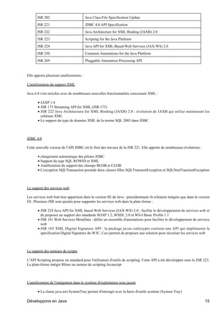 JSR 202                            Java Class File Specification Update
      JSR 221                            JDBC 4.0 API Specification
      JSR 222                            Java Architecture for XML Binding (JAXB) 2.0
      JSR 223                            Scripting for the Java Platform
      JSR 224                            Java API for XML-Based Web Services (JAX-WS) 2.0
      JSR 250                            Common Annotations for the Java Platform
      JSR 269                            Pluggable Annotation Processing API


Elle apporte plusieurs améliorations :

L'amélioration du support XML

Java 6.0 s'est enrichie avec de nombreuses nouvelles fonctionnalités concernant XML :

       • JAXP 1.4
       • JSR 173 Streaming API for XML (JSR 173)
       • JSR 222 Java Architecture for XML Binding (JAXB) 2.0 : évolution de JAXB qui utilise maintenant les
         schémas XML
       • Le support du type de données XML de la norme SQL 2003 dans JDBC



JDBC 4.0

Cette nouvelle version de l'API JDBC est le fruit des travaux de la JSR 221. Elle apporte de nombreuses évolutions :

       • chargement automatique des pilotes JDBC
       • Support du type SQL ROWID et XML
       • Amélioration du support des champs BLOB et CLOB
       • L'exception SQLTransaction possède deux classes filles SQLTransientException et SQLNonTransientException



Le support des services web

Les services web font leur apparition dans la version SE de Java : précédemment ils n'étaient intégrés que dans la version
EE. Plusieurs JSR sont ajoutés pour supporter les services web dans la plate-forme :

       • JSR 224 Java API for XML based Web Services (JAX-WS) 2.0 : facilite le développement de services web et
         de proposer un support des standards SOAP 1.2, WSDL 2.0 et WS-I Basic Profile 1.1
       • JSR 181 Web Services MetaData : défini un ensemble d'annotations pour faciliter le développement de services
         web
       • JSR 105 XML Digital Signature API : la package javax.xmlcrypto contient une API qui implémente la
         spécification Digital Signature du W3C. Ceci permet de proposer une solution pour sécuriser les services web



Le support des moteurs de scripts

L'API Scripting propose un standard pour l'utilisation d'outils de scripting. Cette API a été développée sous la JSR 223.
La plate-forme intègre Rhino un moteur de scripting Javascript



L'amélioration de l'intégration dans le système d'exploitation sous jacent

       • La classe java.awt.SystemTray permet d'interagir avec la barre d'outils système (System Tray)

Développons en Java                                                                                                    15
 