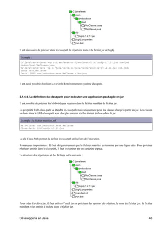 Il est nécessaire de préciser dans le classpath le répertoire tests et le fichier jar de log4j.

Exemple :
C:javatests>javac -cp c:/java/tests;c:/java/tests/lib/log4j-1.2.11.jar com/jmd
oudoux/test/MaClasse.java
C:javatests>java -cp c:/java/tests;c:/java/tests/lib/log4j-1.2.11.jar com.jmdo
udoux.test.MaClasse
[main] INFO com.jmdoudoux.test.MaClasse - Bonjour



Il est aussi possible d'utiliser la variable d'environnement système classpath.



2.1.4.4. La définition du classpath pour exécuter une application packagée en jar

Il est possible de préciser les bibliothèques requises dans le fichier manifest du fichier jar.

La propriété JAR-class-path va étendre le classpath mais uniquement pour les classes chargé à partir du jar. Les classes
incluses dans le JAR-class-path sont chargées comme si elles étaient incluses dans le jar.

Exemple : le fichier manifest.mf
Main-Class: com.jmdoudoux.test.MaClasse
Class-Path: lib/log4j-1.2.11.jar



La clé Class-Path permet de définir le classpath utilisé lors de l'exécution.

Remarques importantes : Il faut obligatoirement que le fichier manifest ce termine par une ligne vide. Pour préciser
plusieurs entités dans le classpath, il faut les séparer par un caractère espace.

La structure des répertoires et des fichiers est la suivante :




Pour créer l'archive jar, il faut utiliser l'outil jar en précisant les options de création, le nom du fichier .jar, le fichier
manifest et les entités à inclure dans le fichier jar.



Développons en Java                                                                                                        46
 