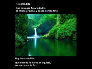 He aprendido
Que entregar Amor a todos,
es mi mejor arma y deseo compartirla.
Hoy he aprendidoHoy he aprendido
Que cuando la mente se aquieta,Que cuando la mente se aquieta,
encontramos la Paz..encontramos la Paz..
 