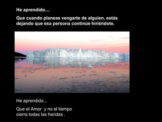 He aprendido....He aprendido....
Que cuando planeas vengarte de alguien, estásQue cuando planeas vengarte de alguien, estás
dejando que esa persona continúe hiriéndote.dejando que esa persona continúe hiriéndote.
He aprendido...He aprendido...
Que el Amor y no el tiempoQue el Amor y no el tiempo
cierra todas las heridas .cierra todas las heridas .
 